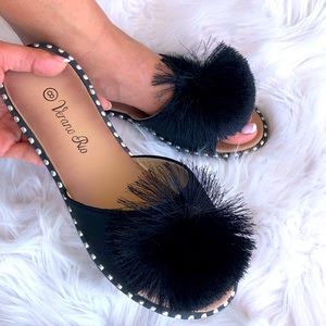 Restock! Verano Rio Poof Black Mule Slide Sandals